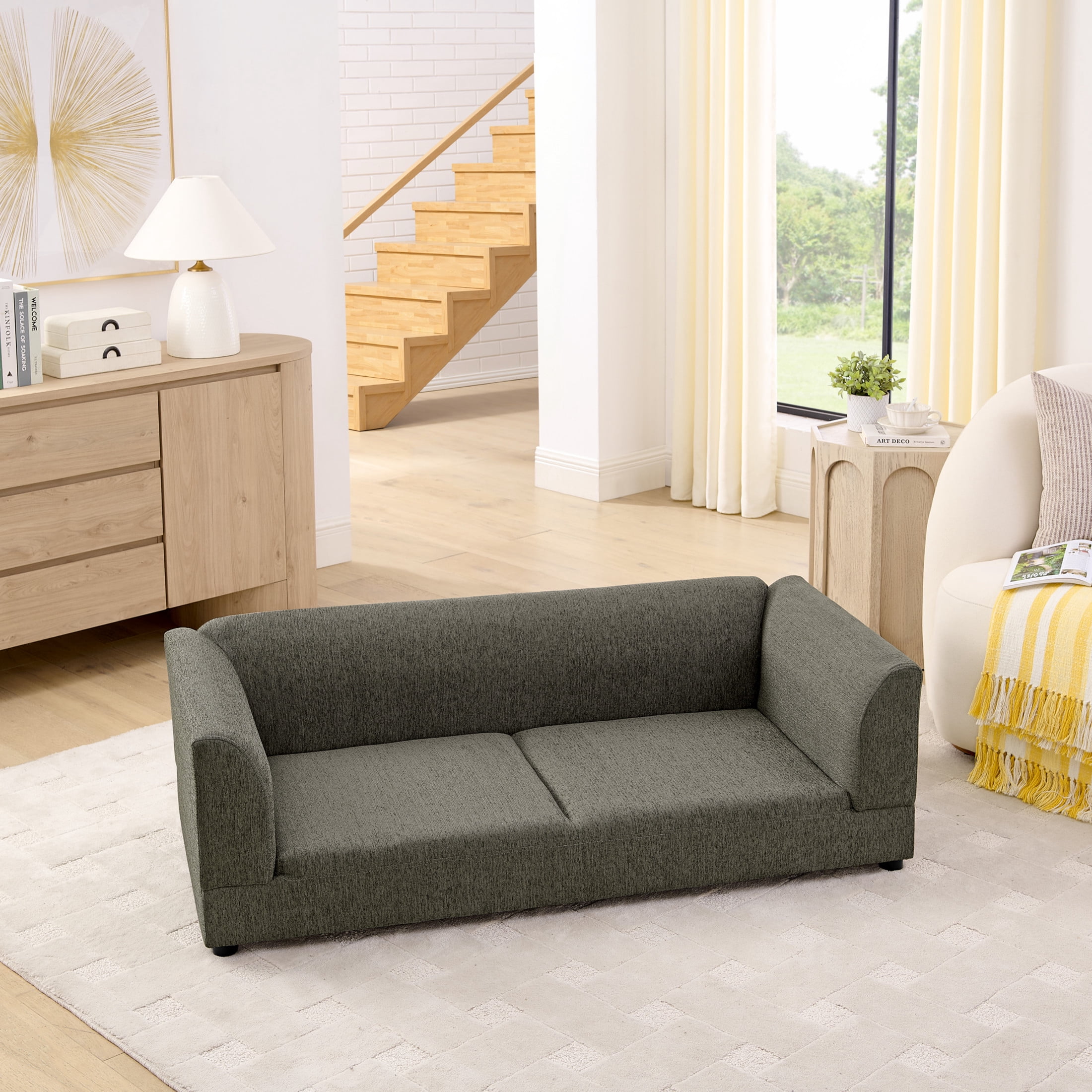 Noble House 57" Comfortable Oversized Pet Sofa, Modern Rectangular Dog Bed with Armrests and Cushion, Dark Gray