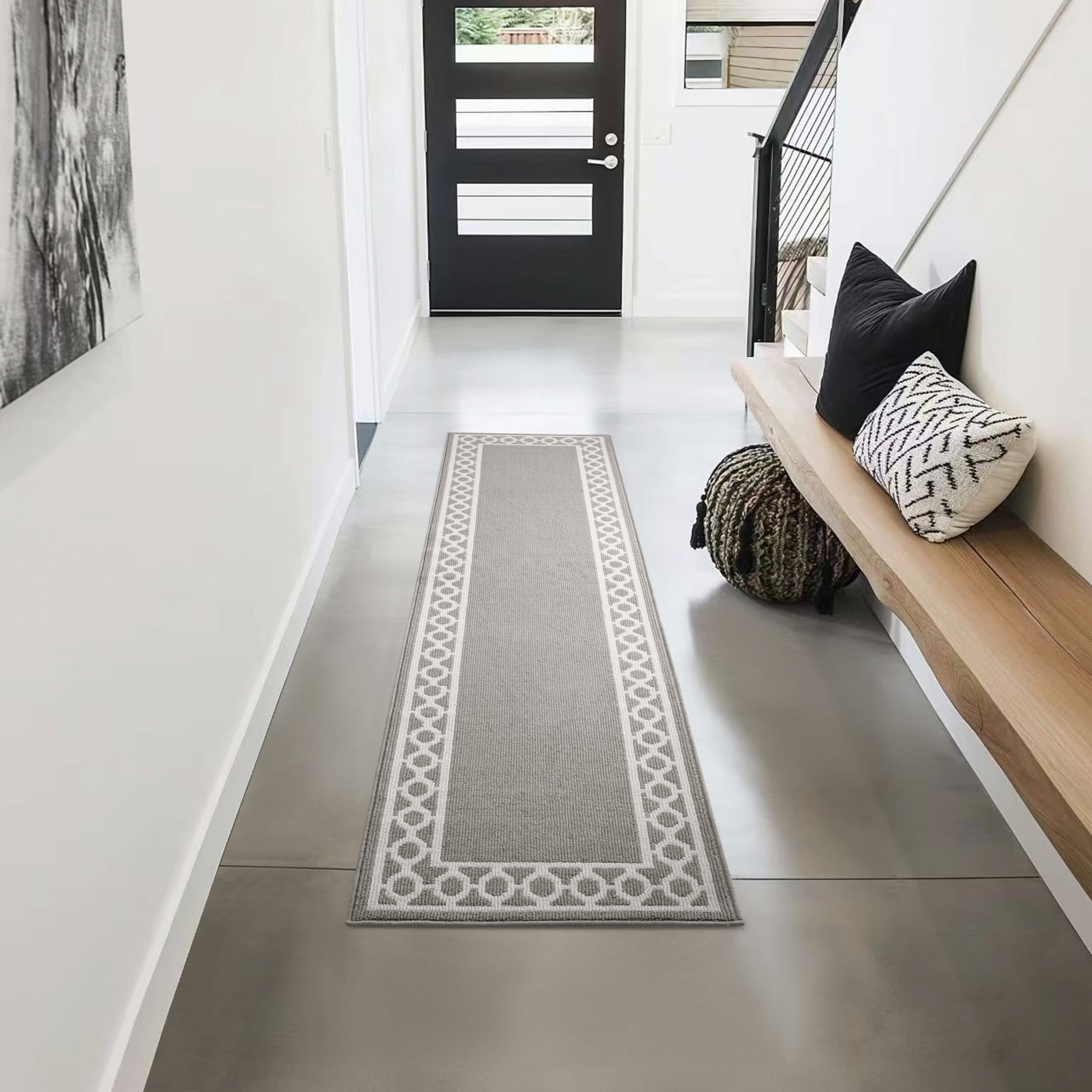 Washable Skid-Resistant Runner Rug, Trellis Border , Light Grey and White , 30" x 144"
