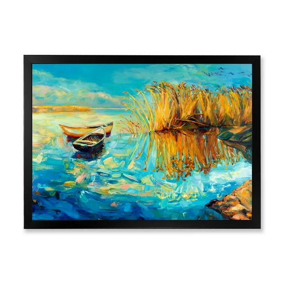 Orange Trees With Turquoise Lake During Sunset 40 in x 30 in Framed Painting Canvas Art Print, by Designart