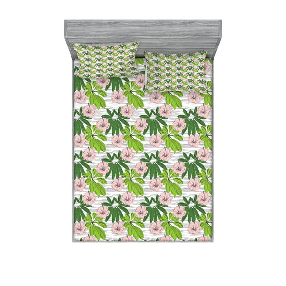 Ambesonne Tropical Fitted Sheet & Pillow Sham Set, Hibiscus Flora Hand Drawn, Queen, Blush Green Apple Green