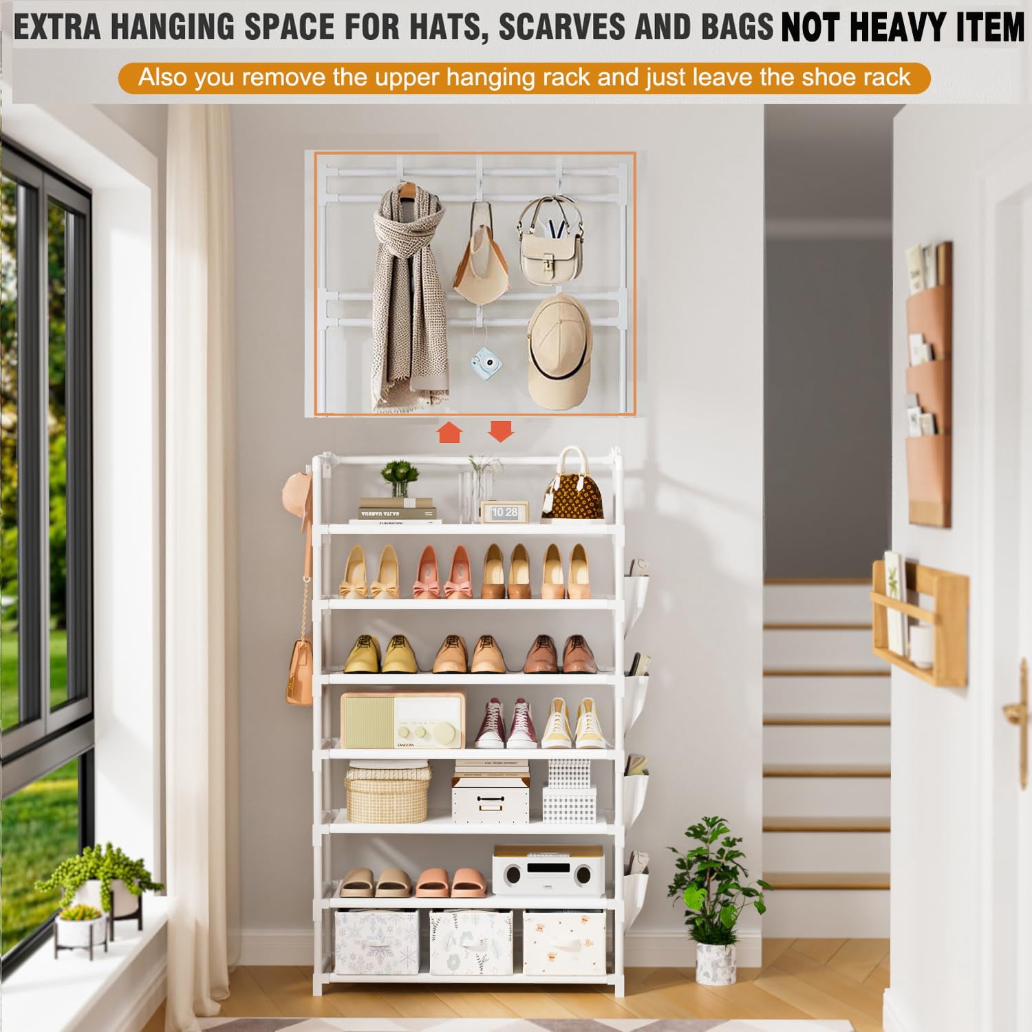 Shoe Rack 7 Tier Organizer Storage 21-28 Pairs Closet Shoes For Front Door Entrance With Hooks Side Pocket Entryway Large Capacity Shelf Tower Garage