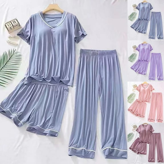 abtuhar Womens Pjs Sets,Womens Summer Pajamas Sets,Pajama Set for Women Soft Short Sleeve Sets 3 Piece Sleepwear Loungewear