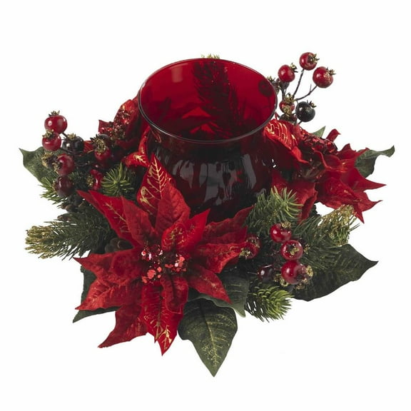 Nearly Natural Red 6.5" Poinsettia & Berry Candelabrum