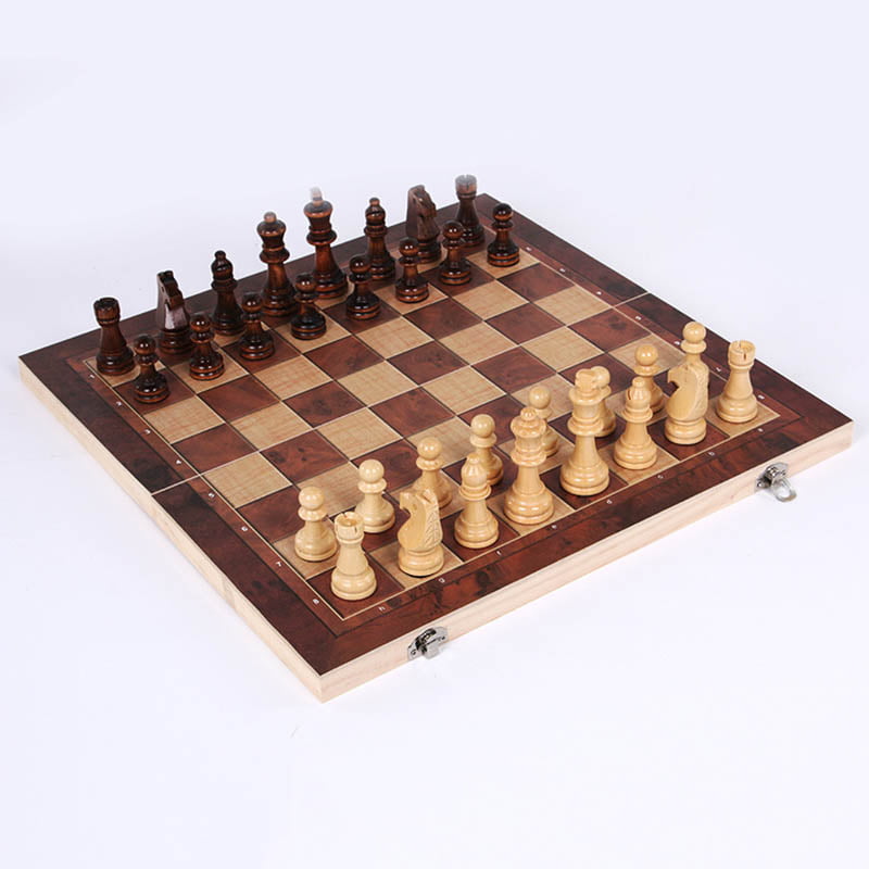 3 in 1 Wooden Folding Board Game Set Compendium Games Chess Wood Board Portable 
