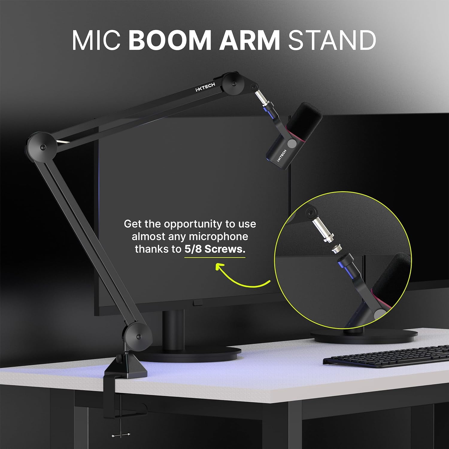 IXTECH Microphone Boom Arm Stand, Heavy Duty Adjustable Mic Stand with Cable Ties, Desk Mount Arm Stand for Gaming Streaming Podcasting (LARGE).