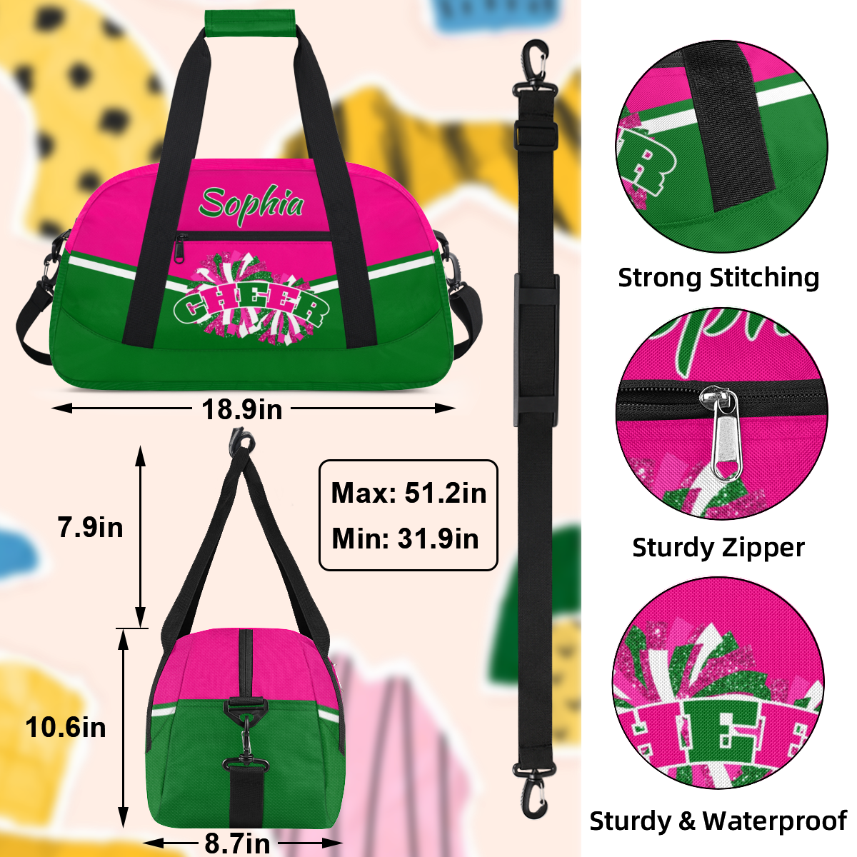 Jiaoprinted Personalized Cheer Bag, Custom Sport Duffel Bag with Name, Customized Cheerleader Dance Bag, Sport Gym Bag Overnight Weekender Bags, Pink Green