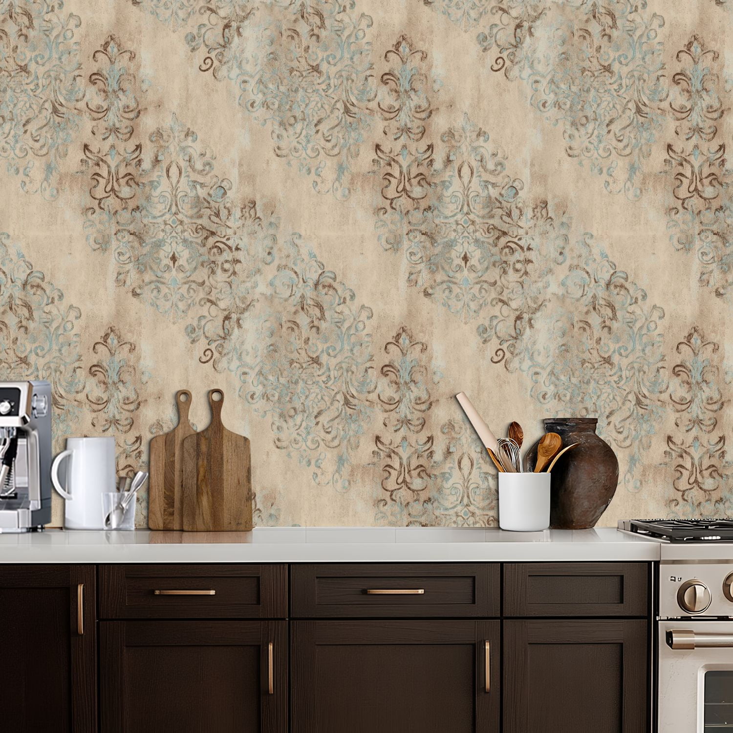 Boho Peel and Stick Wallpaper Vintage Damask Distressed Beige Blue Ornamental Design Contact Paper 17.7in x 9.8ft Wallpaper Removable Self Adhesive Wall Paper for Bedroom