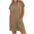 thumbnail image 2 of Women's Romper Short Sleeve Jumpsuit with Pockets Solid Wide Leg Shorts Playsuits Ladies Summer Loose Lightweight Plain Daily Wear for Swim Beach Party Jumpsuits Khaki M, 2 of 7