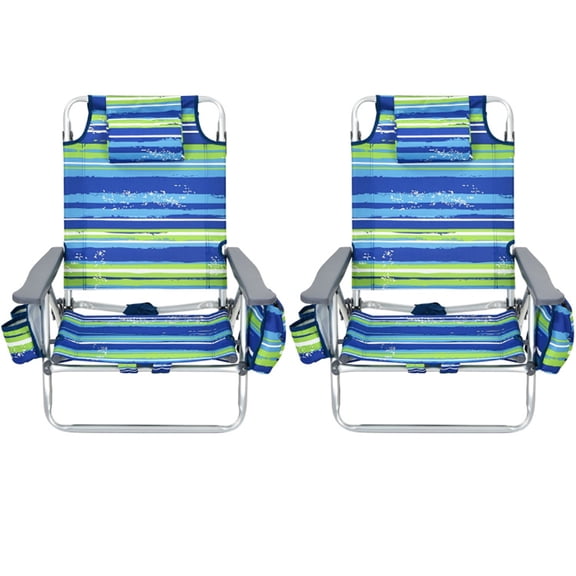 Spaco 2-Pack Folding Backpack Beach Chair 5-Position Outdoor Reclining Chairs with Pillow-Blue, High Beach Chair for Adults Heavy Duty, Portable Patio Chair, Camping Chair for Yard, Garden