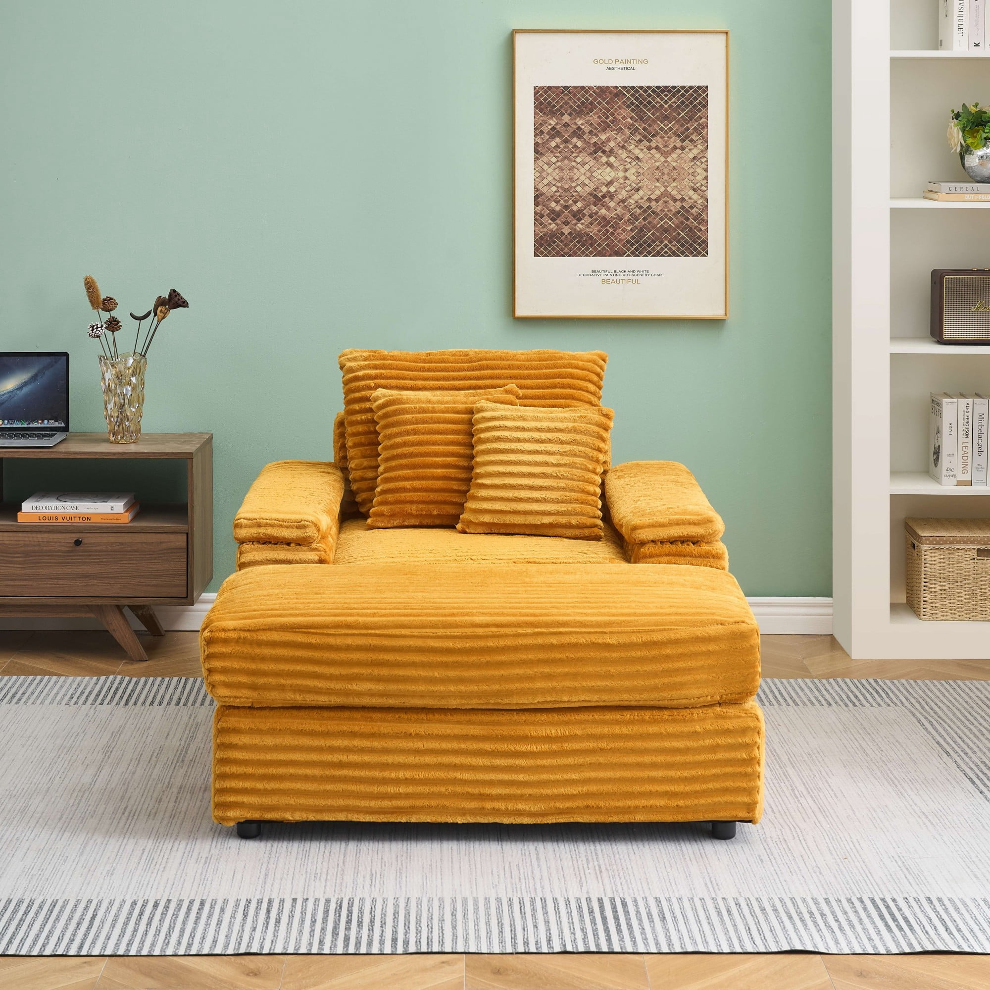 Chaise Lounge Chair Indoor,Upholstered Sofa Bed with Throw Pillows,Sleeper Chair for Living Room,Bedroom,Orange