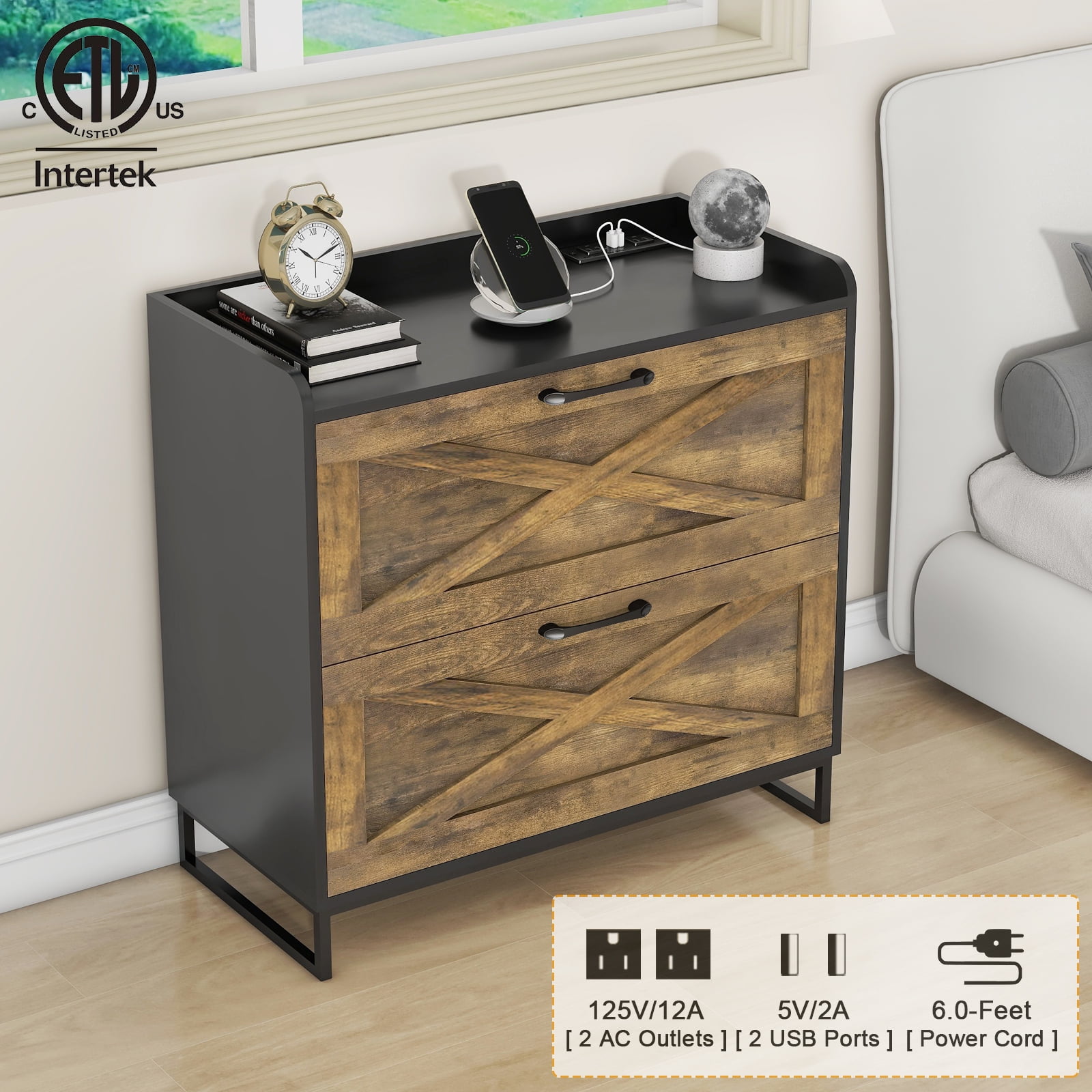 Vabches Lateral File Cabinet with Charging Station for Letter/Legal/A4 Size Hanging Files, Brown