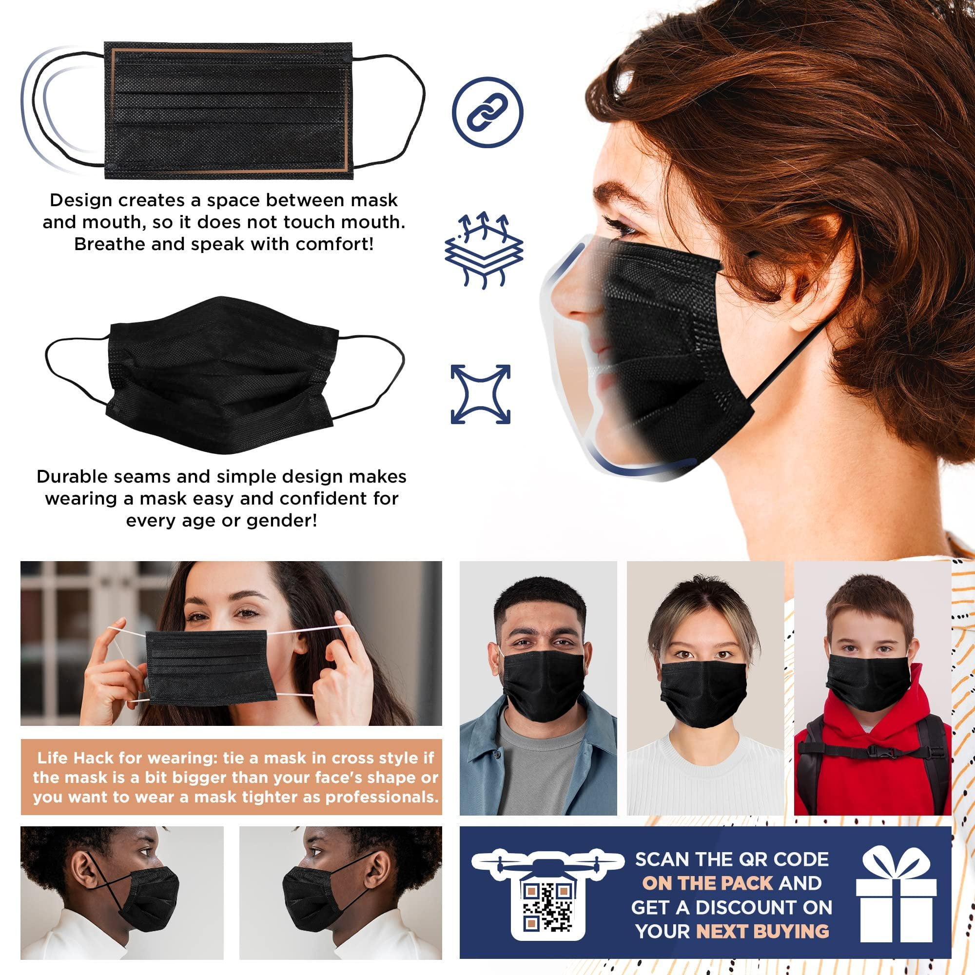 Disposable Black Face Masks in Bulk. Pack of 2500 Adult Mouth & Nose Masks. 3-ply Mouth Covers with Nose Wire. Unisex Face Dust Protection with Adjustable Earloops for Outdoor, Home, Office.