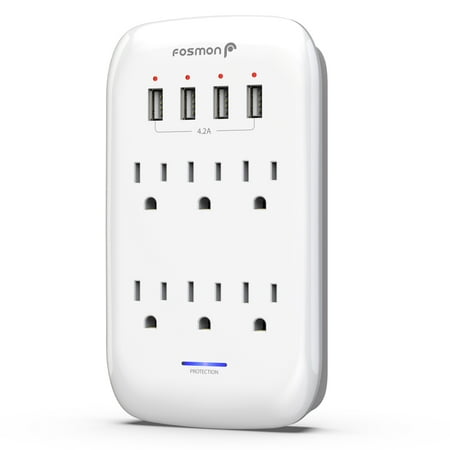 Fosmon 6 Outlet Surge Protector, Multi Outlet Charger Extender Wall Adapter with 4 USB Fast Charging Ports, 6 AC Outlets, Phone Mount, 1225J Surge Protection, ETL Certified