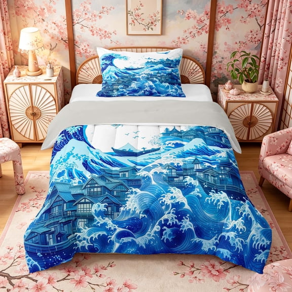 Manfei Ukiyo-e Village Wave Twin Comforter Sets for Girls, Seabird Bedding Set, Blue White, Gray Reversible 2pcs, 1 Comforter and 1 Pillowcase