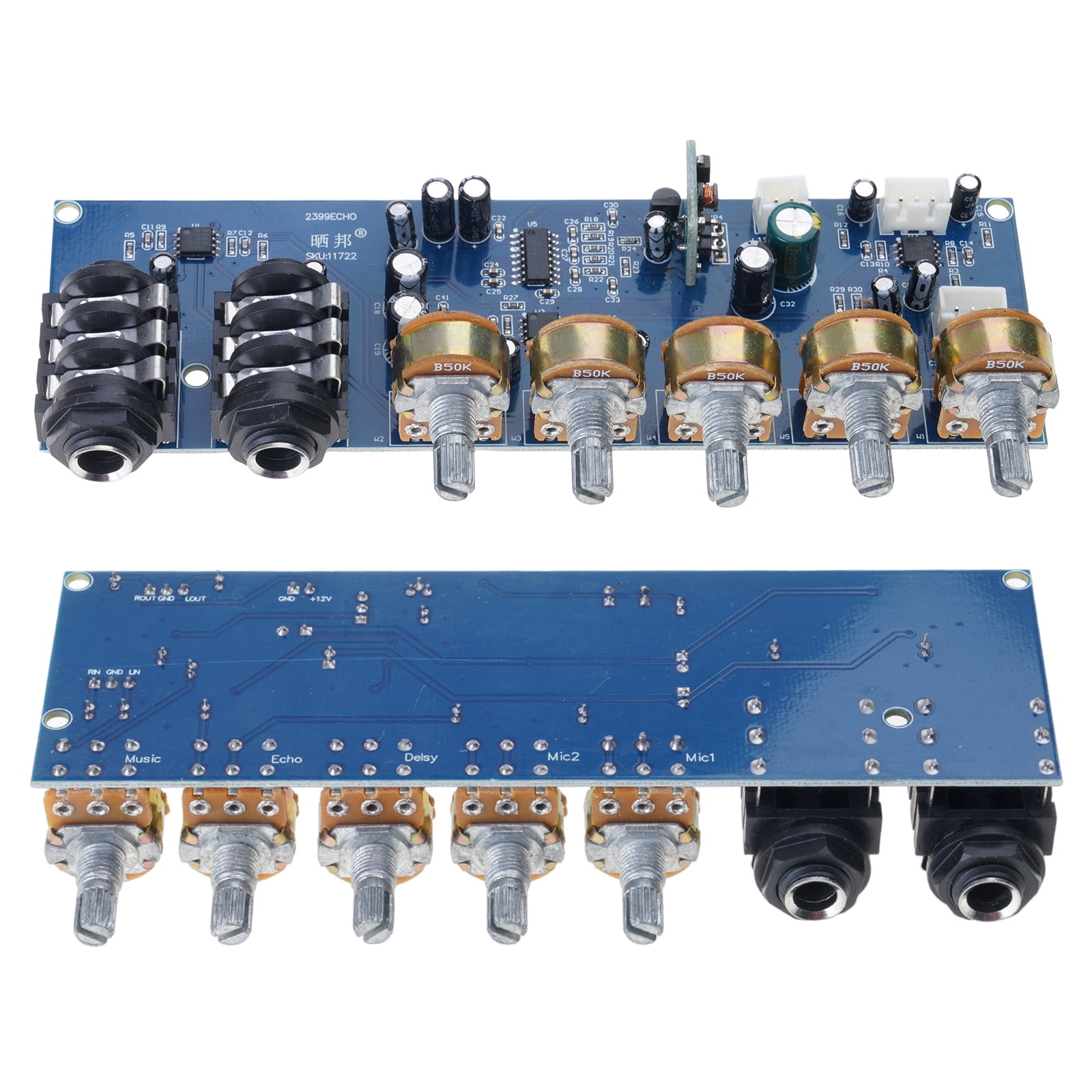 DC12V Powered Microphone Preamplifier Double Mic Input Karaoke Preamp Board PT2399 Digital Delay Adjustable Effects
