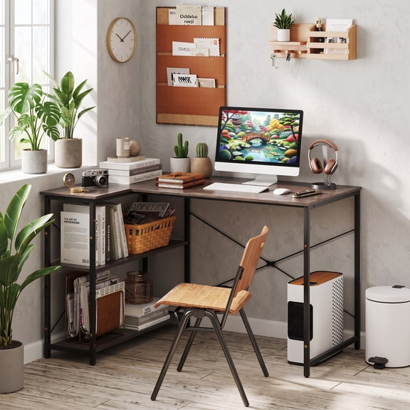 47" Reversible L Shape Desk with Power Outlets & Adjustable Storage Shelves, Corner Computer Desk for Home Office Gaming,Gray