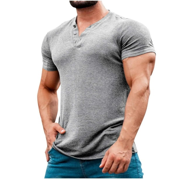 Blusa de Manga Corta de los Hombres de Color Sólido Cuello Redondo Casual Top, Ligera Camisa de Ocio Botón de Poliéster para Primavera Verano Diario Y Al Aire Libre