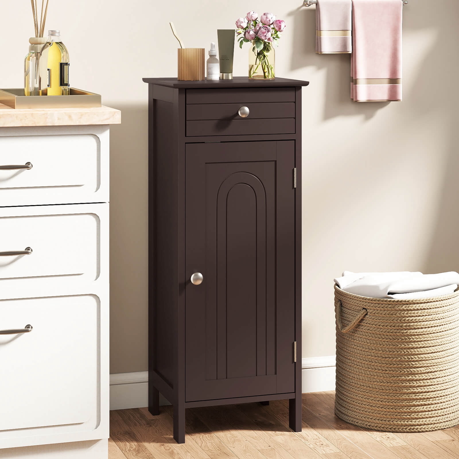 Costway Bathroom Storage Floor Cabinet Organizer Free-Standing w/ Drawer Brown