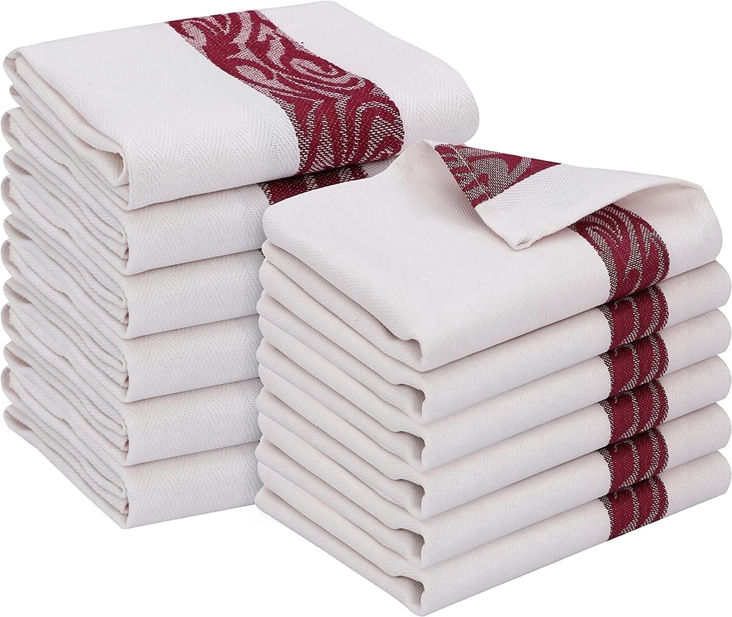(3 pack) RUVANTI 100% Cotton Kitchen Towels Jacquard, Dish Towels for Kitchen, Washable Dish Cloths, Soft Tea Towels, Super Absorbent for Cleaning, Dishcloth for Quick Drying, 16x26, 12 Pack – Burgundy & Whit
