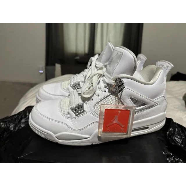 Ni - ke Ni - ke Air Jordan 4 Retro Pure Money White Metallic Silver Men's Size 12