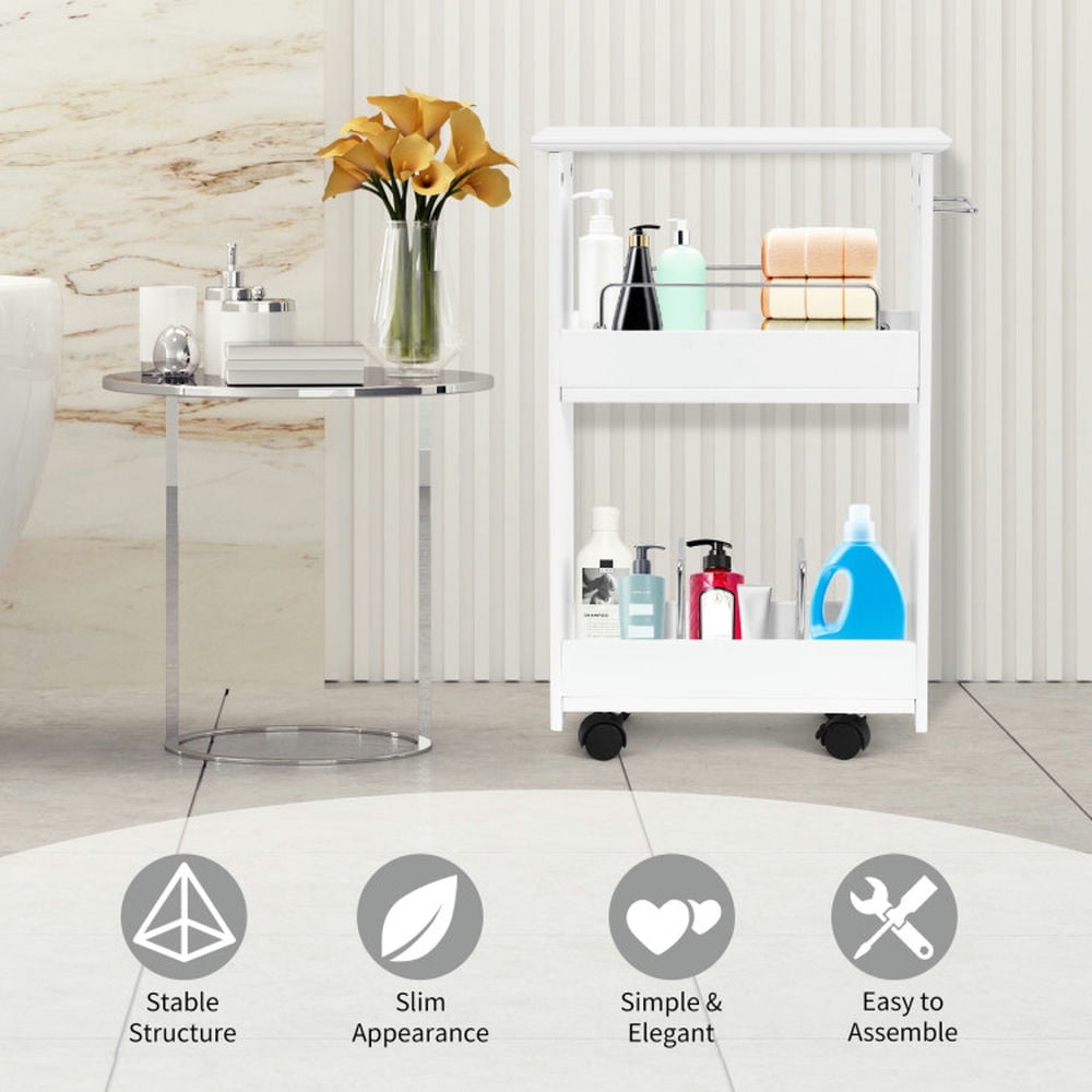 Finihen Storage Cabinet, Floor Cabinet, Slim Rolling 3-Tier Bathroom Mobile Shelving Cabinet wih Handle, for Bathroom, Living Room, Bedroom, Kitchen, White
