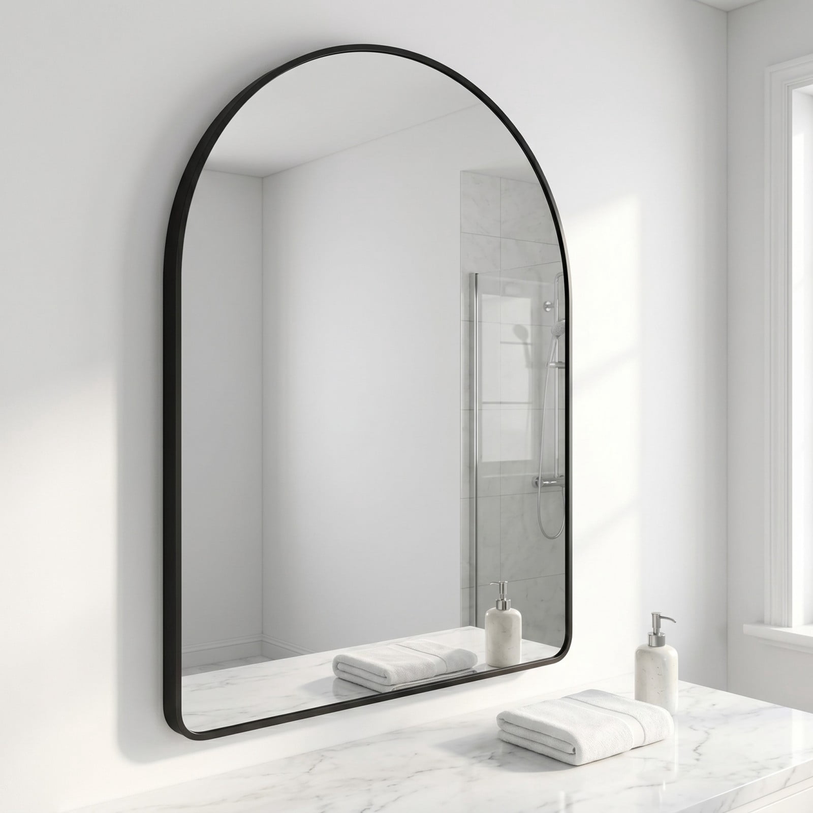 Gleamira 36"x48" Arched Bathroom Wall Mirror Rounded Corner Vanity Mirror with Metal Frame, Black