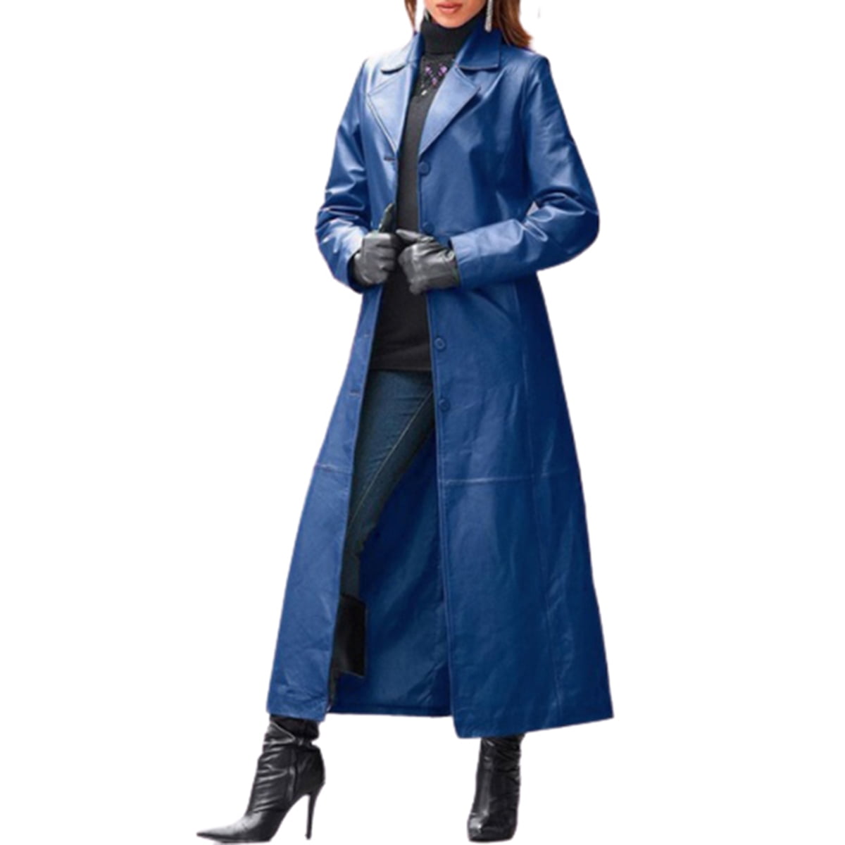 Tanming Womens Button Down PU Long Jacket Wind Coat 