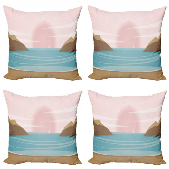 Graphic Beach Throw Pillow Cushion Case Pack of 4, Marine Landscape with Bay and Abstract Pastel Sunset Sky, Modern Accent Double-Sided Print, 4 Sizes, Rose Cocoa, by Ambesonne