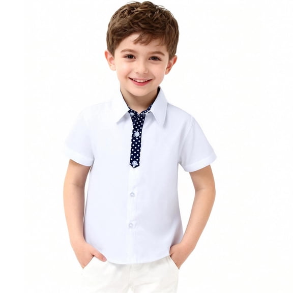 Eltusu Boys Polo Shirts, Summer Cotton Short Sleeve Lapel Collar School Uniform Shirts White Size 10-12 T