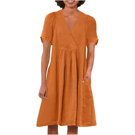 Einccm Women's Casual Linen Blend Dress, Short Sleeve V Neck Pleated a Line Flowy Summer Midi Dress for Beach Vacation, Daily Wear and Spring Outings
