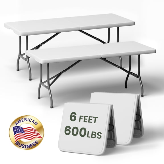 T-SKR 6ft Folding Table, Sturdy 600lb Cap, Reinforced Steel Legs, Foldable with Safety Lock, Portable for Parties, Picnics, Weddings, Camping, 2 Pack