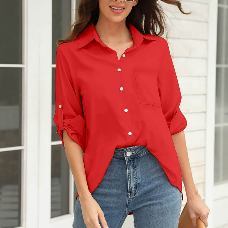 HAPIMO Sales Womens Casual Pockets Blouse Solid Turn-Down Neck Long Sleeve  Casual Loose T-Shirt Button Down Tops Teen Grils Fashion Clothes Red XL
