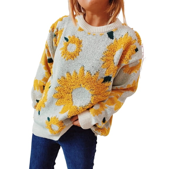Women'S Print Long Sleeve Sweater Round Neck Knitted Pullovers Top Yellow S