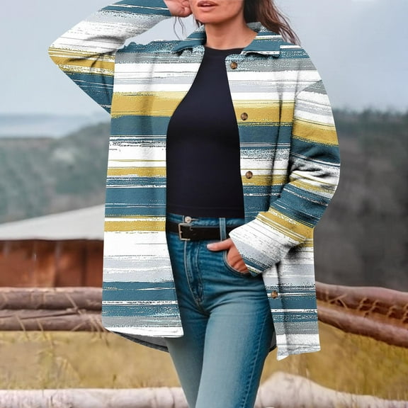 Fleece Coats for Women Printed Sherpa Lapel Collar Jackets with Pockets Trendy Mid Length Long Sleeve Button Thermal Outerwear Winter Clothes for Cold Weather