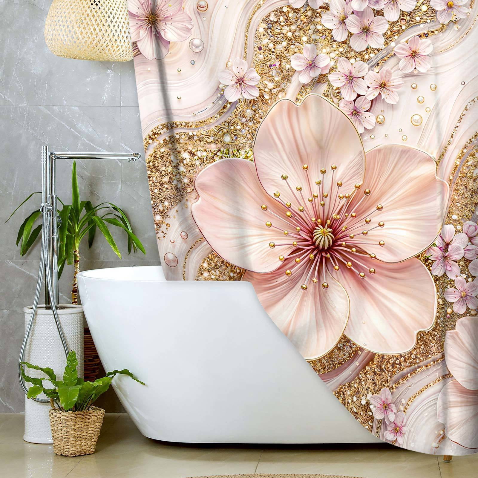 Pink Cherry Blossom Marble Shower Curtain, Luxury Gold Glitter Floral Bathroom Decor, Modern Abstract Minimalist Bath Curtain, Waterproof Polyester Fabric with Hooks,60X70in