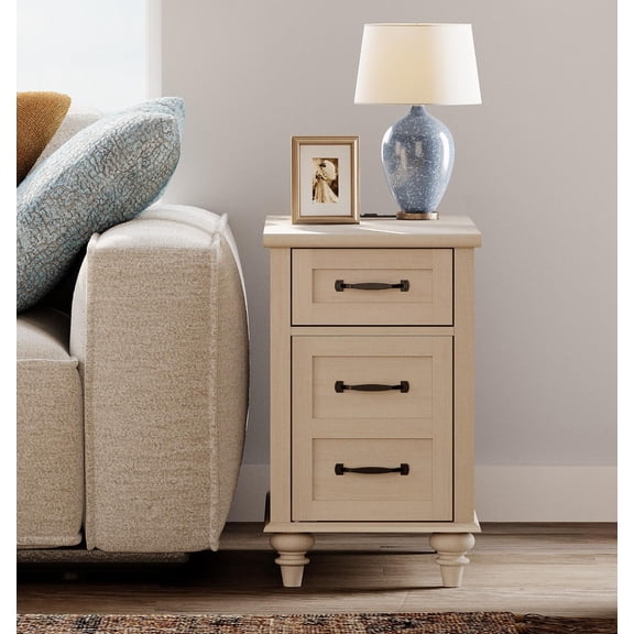 Wooden End Tables with Charging Station, Tall Nightstand with Cabinet & Drawer, Side Table for Bedroom, Living Room, Beige