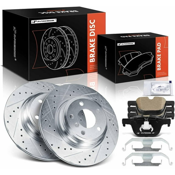 A-Premium 12.99 inch (330 mm) Rear Drilled and Slotted Disc Brake Rotors   Ceramic Pads Kit Compatible with Select BMW Models - 328i, 330i, 330i xDrive, 335i, 335i GT xDrive, 340i, 428i, 430i, 435i