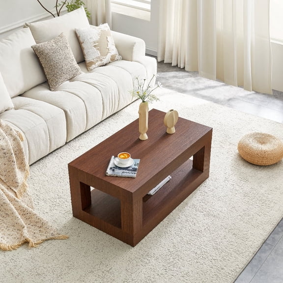 Oufan 39.5" Modern Coffee Table, Wooden Simple Rectangular Center Table with Open Storage Shelf, 2-Tier Cocktail Table with Living Room