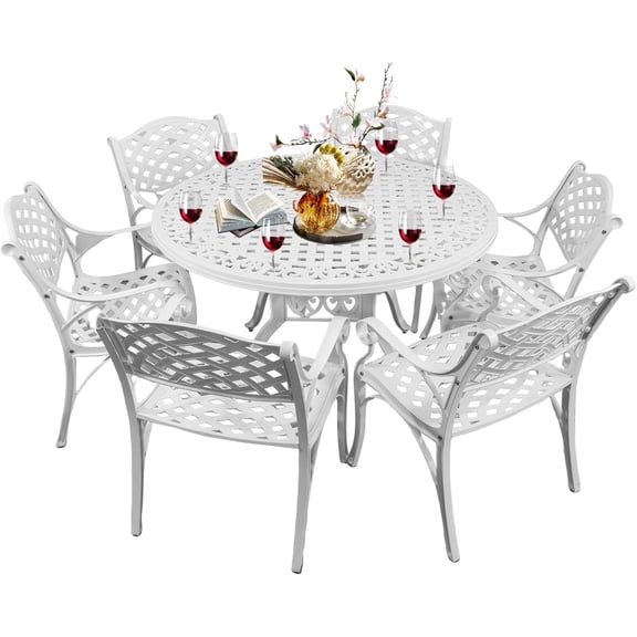 7 Pieces Cast Aluminum Outdoor Dining Set, Round 48" Dining Table with 2.36" Umbrella Hole and 6 Armchairs,All-Weather Patio Bistro Dining Set Outdoor Furniture Set for Patio