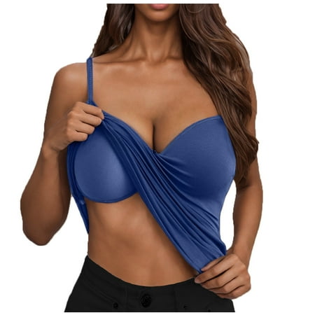JGGSPWM Camisole Tops for Women Summer Casual Spaghetti Strap Cami Tank Tops with Built in Bra Sports Padded Cotton Undershirts Blue L