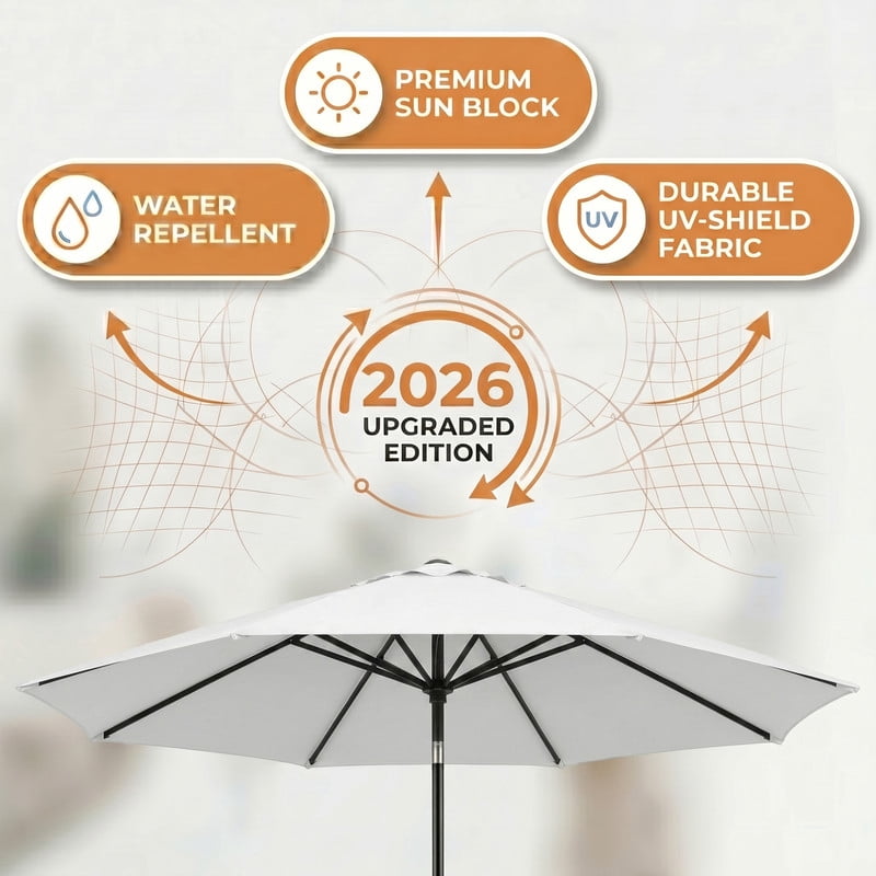 Lacoo 9' Outdoor Patio Umbrella, Market Table Umbrella with Push Button Tilt, 8 Heavy-Duty Steel Ribs & Wind Vents, White