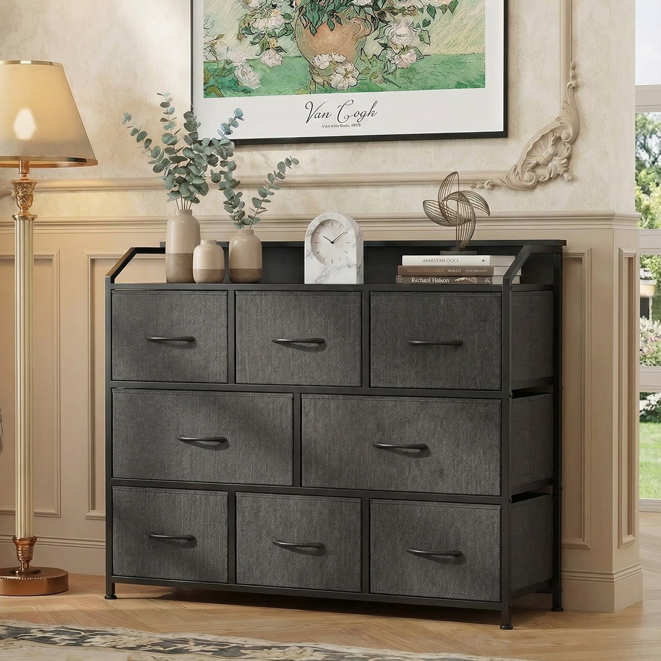 edx 8-Drawer Fabric Dresser with Power Outlets & LED Light, Multifunctional TV Stand Storage Cabinet for Bedroom, Living Room, Office & Hallway, Gray