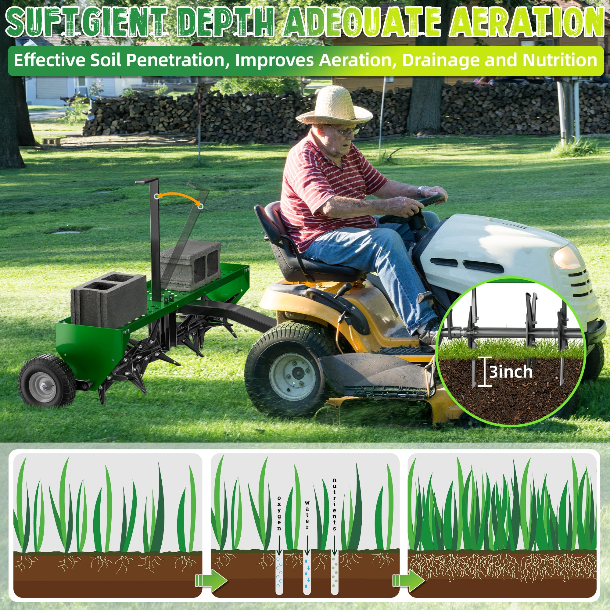 48" Tow Behind Lawn Plug Aerator with Universal Hich, Green Painted Galvanized Steel with Tray and Inflatable Wheels, Pull Behind Aerator for Garden, Farm and Lawn