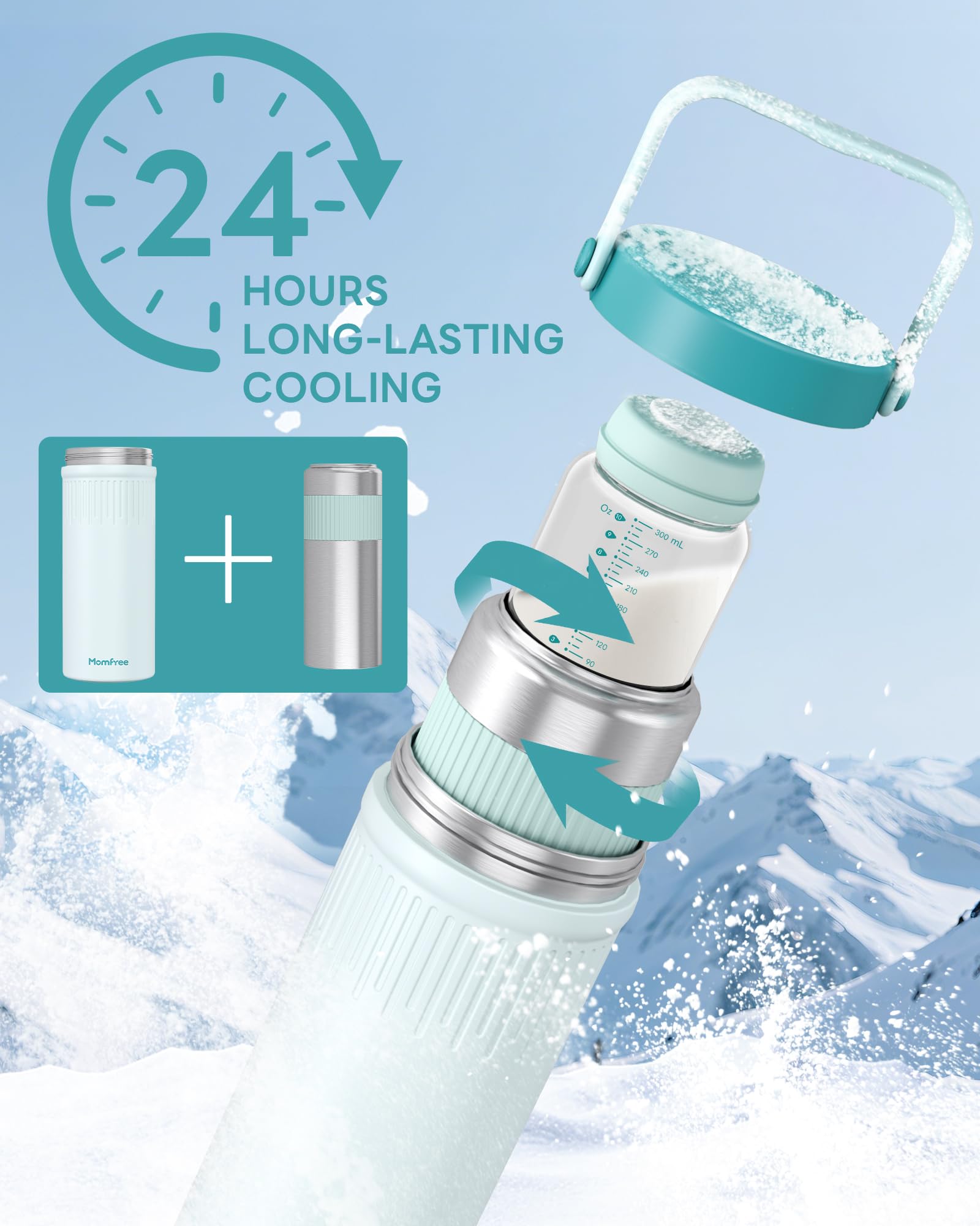 Momfree Portable Breast Milk Cooler, 22oz, 360° 24-Hour Cooling, 304 Stainless Steel, 2 BPA-Free Leak-Proof Bottles, for Travel And Work