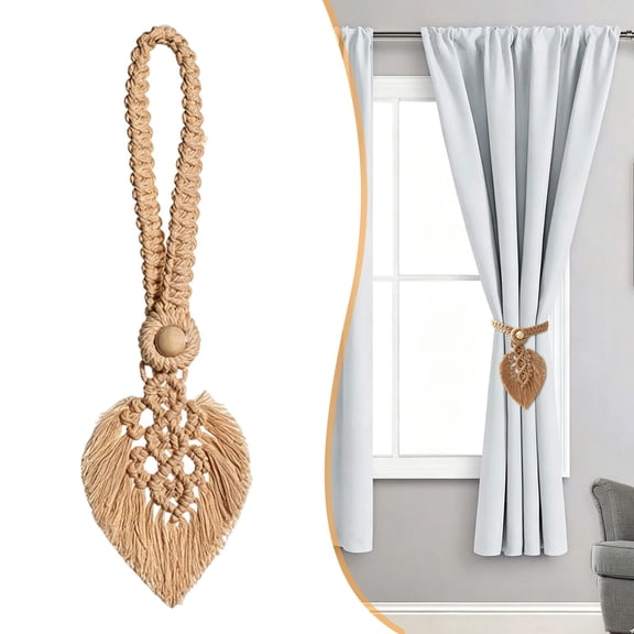 HWHCGZ 2 Pack Boho Curtain Tiebacks,Hand Knitting Cotton Curtain Holdbacks with Adjustable Natural Wooden Bead,Double Leaves Farmhouse Theme Curtain Tie Backs, for Drapes Decorative (Apricot)