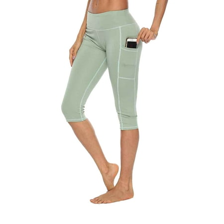 Women Capri Leggings Tummy Control Hip High Waist Active Wear Solid Color Pants Workout Cropped Pants Yoga Sport Running Trousers