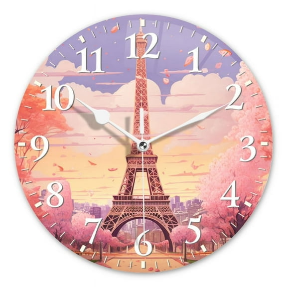Non-Ticking Silent Wall Clocks Battery Operated Personalized Decor Clock for Living Room,Bedroom-Eiffel Tower With Pastel Colors Cherry Blossoms(10inch)