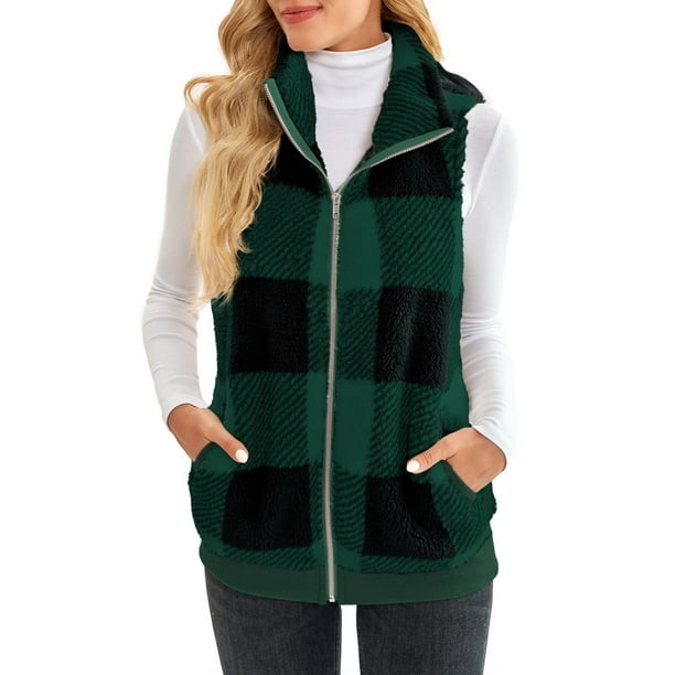 Avamo Women Sherpa Jacket Sleeveless Fleece Vest Plaid Waistcoat
