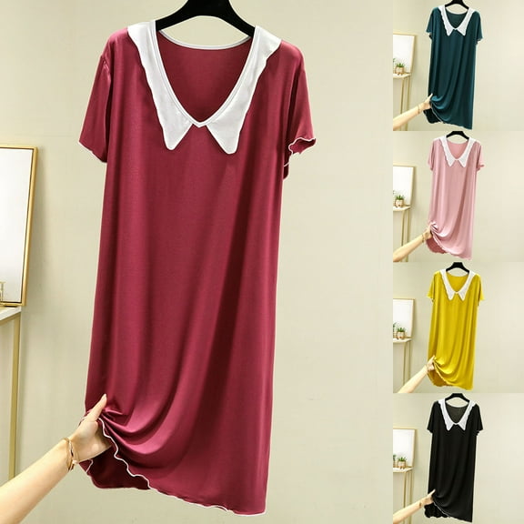 Swuxness Women's Short Sleeved Nightdress, Women's Long Nightgowns, Women's V Neck Doll Collar Solid Color Five Point Sleeve Comfortable Loose Mid Length Sleep Dress Green, XL