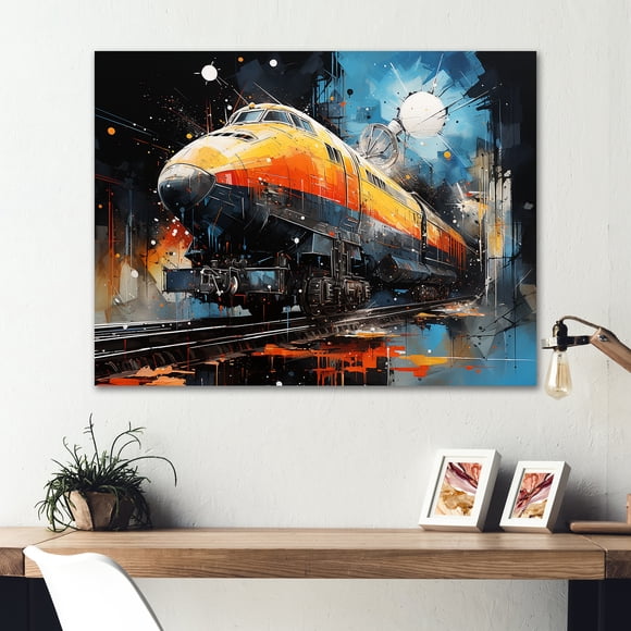 Designart "Voyage Back to the Future on Train Starship II" Train Metal Wall Art, Blue Metal Wall Decor, Modern Metal Art Decor For Office Room - 32x16 Inch